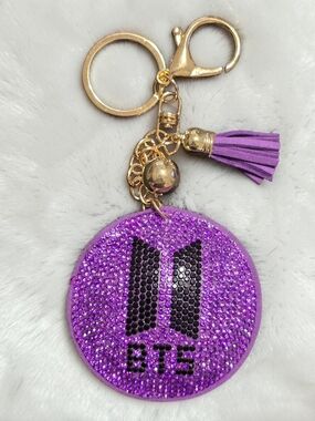 Purple BTS ARMY Rhinestone With Tassel Keychain KPop Bag Charm Gold Hardware